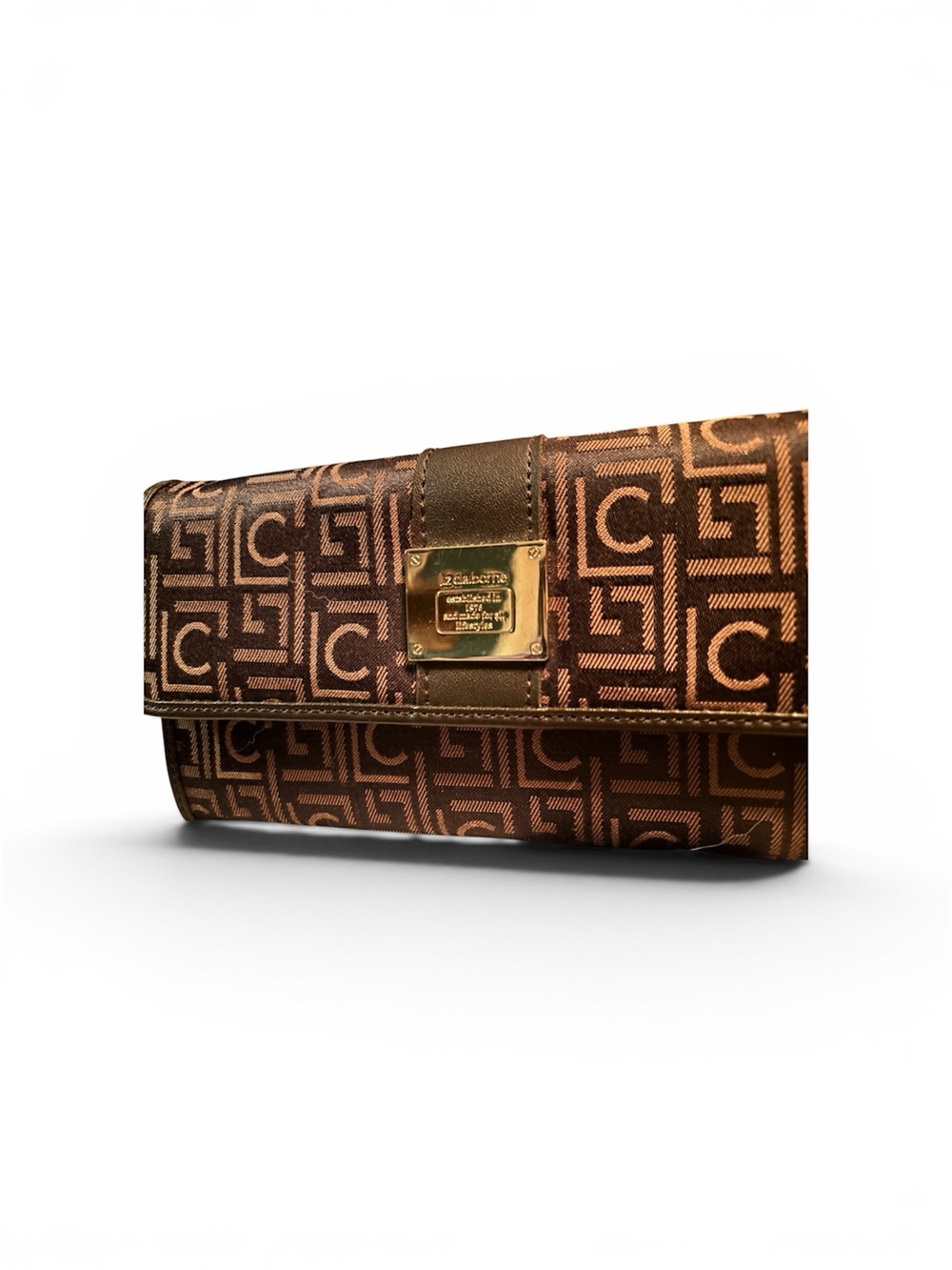 Liz Claiborne Brown Print Clutch with Gold Plaque